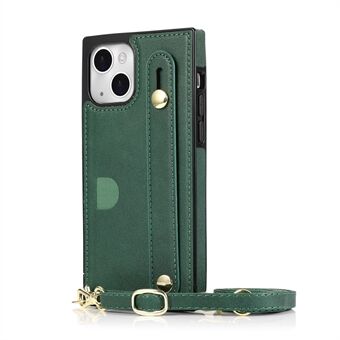 Kickstand-ontwerp PU-leer gecoate TPU-cover Kaartsleufontwerp Lange riem Handriem Case voor iPhone 13 mini 5.4 Inch