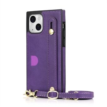 Kickstand-ontwerp PU-leer gecoate TPU-cover Kaartsleufontwerp Lange riem Handriem Case voor iPhone 13 mini 5.4 Inch