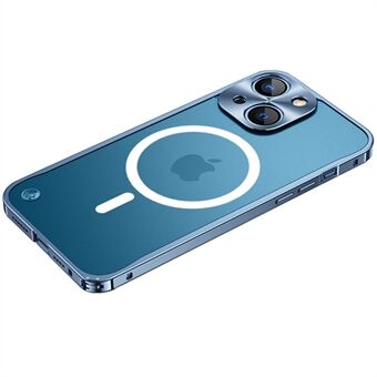 Gehard glas + metalen hybride krasbestendige telefoonhoes mat transparant beschermhoes met magnetische draadloze oplaadfunctie voor iPhone 13 mini - blauw