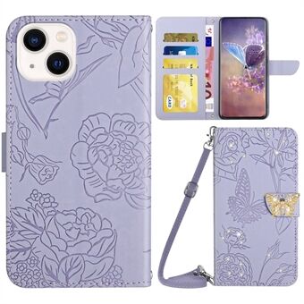 Voor iPhone 13 mini 5.4 inch PU Lederen Telefoon Case met Schouderriem Vlinder Bloemen Bedrukt Anti-fall Wallet Cover Stand met Strass Decor