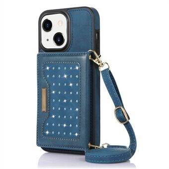 Voor iPhone 13 mini 5.4 inch Kickstand Telefoon Case Strass Decor Portemonnee RFID Blokkeren PU Leer + TPU Cover met Schouderriem