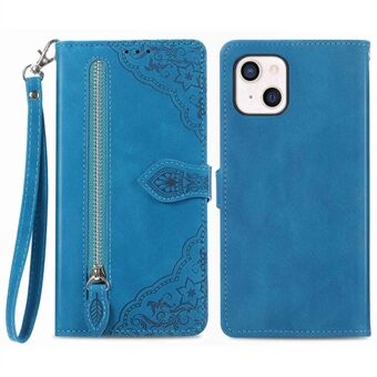 Voor iPhone 13 mini 5.4 inch PU Lederen Ritsvak Bloem Bedrukt Telefoon Case Portemonnee Stand Folio Flip Cover met Riem