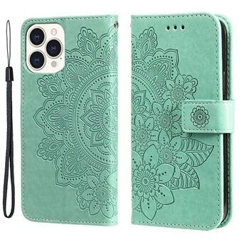 Chic Out-Look Flower Imprinting Wallet Leather Phone Stand Protector Case met riem voor iPhone 13 Pro Max 6.7 inch - groen
