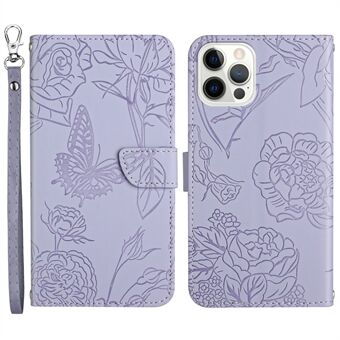 For iPhone 13 Pro Max 6.7 inch Butterflies Imprinted Shockproof Case Skin-touch PU Leather Wallet Stand Phone Protector Anti-drop Folio Flip Cover with Strap