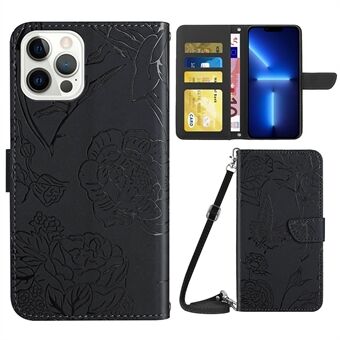For iPhone 13 Pro Max 6.7 inch Butterfly Flowers Imprinting Anti-fall PU Leather Phone Shell, Pattern Imprinting Design Wallet Stand Case with Shoulder Strap