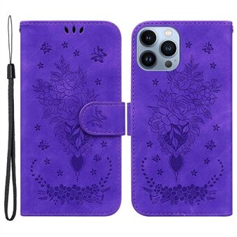 For iPhone 13 Pro Max 6.7 inch Imprinting Roses Butterflies Pattern Anti-scratch Leather Phone Case with Strap Impact-resistant Wallet Stand Cover