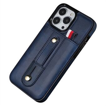 Voor iPhone 13 Pro Max 6.7 inch Handy Grip Strap Telefoon Case Ingebouwde Kaartsleuf Kickstand PU Leer Gecoat TPU Telefoon Cover