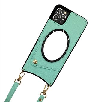 Voor iPhone 13 Pro Max 6.7 inch Vissenstaart Ontwerp Leer Gecoat TPU Schouderriem Telefoon Case Spiegel Kaarthouder Cover: