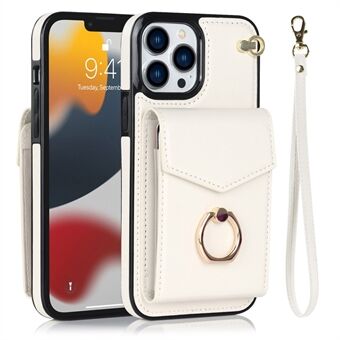 Voor iPhone 13 Pro Max 6.7 inch Accordeon Stijl RFID Blocking Card Bag Shockproof Cover Ring Kickstand PU Leer + TPU Telefoon Case met Riem