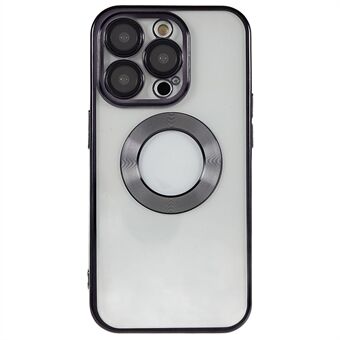 Voor iPhone 13 Pro Max 6.7 inch Galvaniseren Randen Zachte TPU Case CD Textuur Ring Logo Gat Ontwerp Helder Telefoon Cover met Ingebouwde PC Lens Film