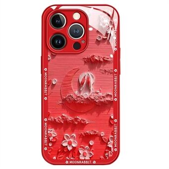 Voor iPhone 13 Pro Max 6.7 inch Anti-drop Back Cover Moon en Konijn Olieverf Gehard Glas + TPU Telefoon Case