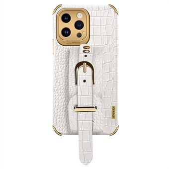 Voor iPhone 13 Pro Max 6.7 inch Galvaniseren Krokodil Textuur Telefoon Case PU Leer Gecoat TPU Cover met Draagriem Kickstand
