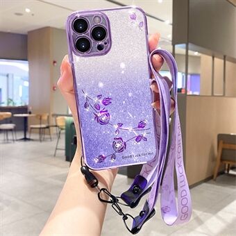 TPU-telefoonhoes voor iPhone 13 Pro Max 6,7 inch, bloemontwerp strass-glitterhoesje met riem