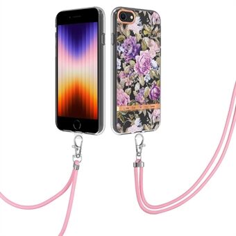 YB IMD-11 Series Phone Case for iPhone SE (2020)/SE (2022)/7/8 4.7 inch, Soft TPU IML IMD Flower Pattern Electroplating Shell with Lanyard