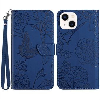 Voor iPhone 14 6.1 inch Opdruk Vlinder Bloemen Skin-touch Telefoon Case PU Lederen Stand Portemonnee Shell met Handige Band