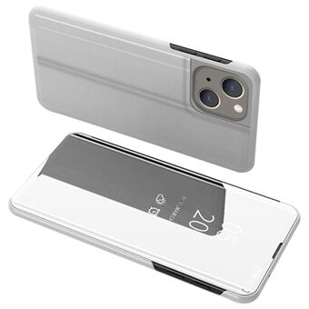 Voor iPhone 14 6.1 inch PU Leer Ondersteunende Stand Telefoon Case Venster Galvaniseren Spiegel Oppervlak Telefoon Anti Scratch Cover