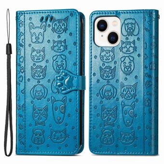 Bedrukt kattenhondpatroon telefoonhoes voor iPhone 14 6,1 inch, PU-leer + TPU rondom bescherming portemonnee- Stand