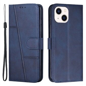 Stitching Phone Case voor iPhone 14 6,1 inch, Portemonneestandaard Stand -lederen hoes Binnenste TPU-schaal met riem