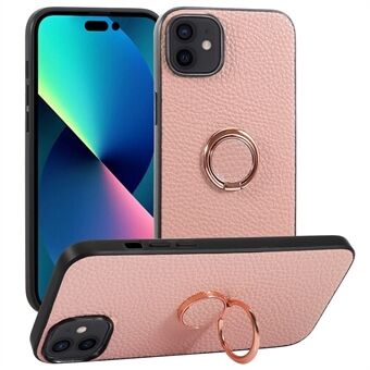 Voor iPhone 14 6.1 inch Anti Scratch Telefoon Case Litchi Textuur Metalen Ring Kickstand Beschermende Mobiele Telefoon Achterkant:
