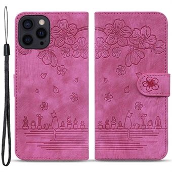 Cherry Blossom Cat bedrukt hoesje voor iPhone 14 6.1 inch, Stand PU-leer anti-drop telefoonportemonneehoes met riem