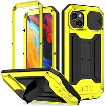 R-JUST Voor iPhone 14 6.1 inch Slide Camera Cover Siliconen + Metaal + Gehard Glas Screen Protector Telefoon Case Drop-proof Cover met Kickstand