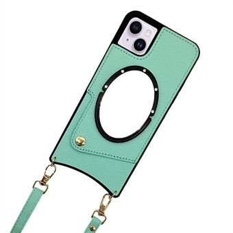 Voor iPhone 14 Fish Tail Design Spiegelfunctie PU-leer gecoate TPU-hoes Kaarthouder Telefoon Shell met schouderriem