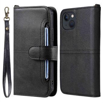 KT Leather Series-4 voor iPhone 14 PU Leather Shockproof Phone Stand Wallet Case 2-in-1 Afneembare TPU Back Cover met riem