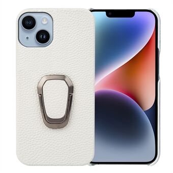Voor iPhone 14 Finger Ring Kickstand Phone Case Litchi Texture Echt leer gecoate pc-beschermhoes