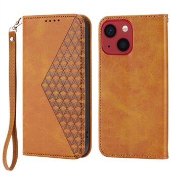 Voor iPhone 14 Anti Scratch Kalf Textuur Magnetische Portemonnee PU Leather Case Bedrukt Rhombus Patroon Stand Cover met Riem