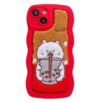 Milk Tea Animal Pattern Embroidery Phone Case voor iPhone 14, TPU + PC Wavy Edge Soft Fluffy Plush Back Cover