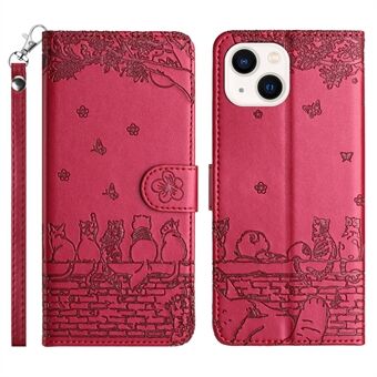Bedrukt Wall Cats Phone Leather Case voor iPhone 14, Wallet Stand Full Protection Cover met riem