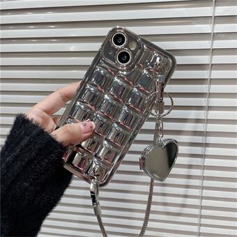 Voor iPhone 14 Electroplating Plaid Design Phone Case TPU Cover met hartvormige spiegel en ketting