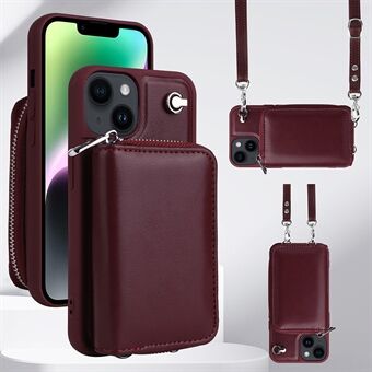 Afneembare Rits Kaarthouder Case voor iPhone 14, PU Leather Coated TPU Crossbody Telefoon Cover