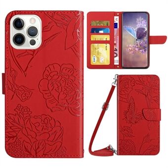 Voor iPhone 14 Pro 6.1 inch Opdruk Vlinder Bloemen Telefoon Case PU Leer Innerlijke TPU Portemonnee Stand Cover met Schouderriem:
