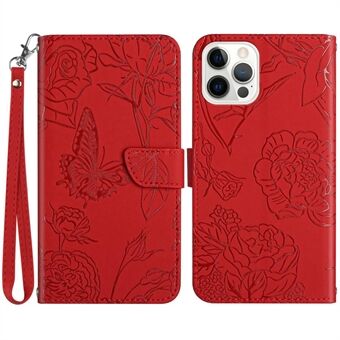 Voor iPhone 14 Pro 6.1 inch Vlinder Bloemen Bedrukte Stand Lederen Case Portemonnee Telefoon Cover met Handige Band