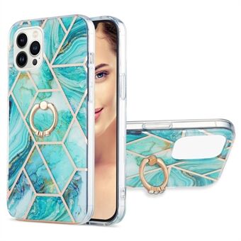 Voor iPhone 14 Pro 6.1 inch YB IMD Serie-7 Galvaniseren Shiny Marmer Patroon Case IMD Soft TPU Ring Houder Kickstand Telefoon Cover