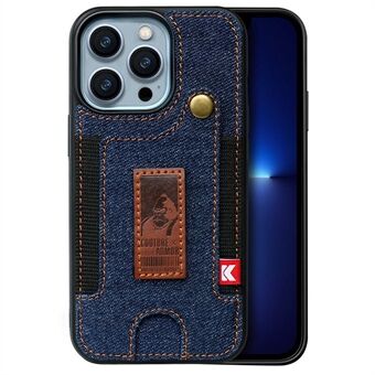 Voor iPhone 14 Pro 6.1 inch Jeans Doek + Leer Gecoat TPU Achterkant Kaartsleuf Functie Telefoon Case met Handriem:
