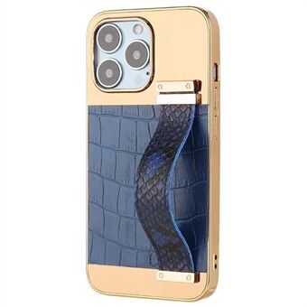 Voor iPhone 14 Pro 6.1 inch Galvaniseren PU Lederen Splicing PC + Metalen Telefoon Case Krokodil Textuur Shockproof Cover met Handriem Kickstand