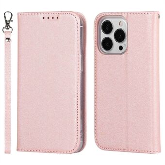 Voor iPhone 14 Pro 6.1 inch PU Leer Zijde Textuur Anti-val Telefoon Case Stand Full Body Bescherming Portemonnee Cover met Polsband:
