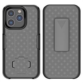Voor iPhone 14 Pro 6.1 inch Roterende Clip Kickstand Telefoon Case Geweven Textuur PC + TPU Hybrid Cover: