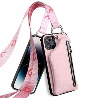 Voor iPhone 14 Pro Botsingsbestendige afneembare portemonnee PU-leer gecoate TPU-telefoonhoes Ritsvak Beschermhoes met sleutelkoord