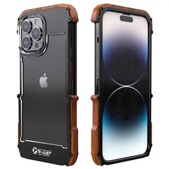 R-JUST anti-val bumperhoes voor iPhone 14 Pro hout + aluminium frame schokbestendige hoes beschermende telefoonhoes