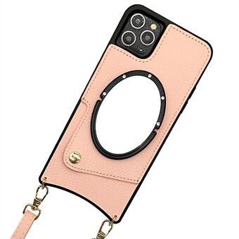 Fish Tail Design telefoonhoes voor iPhone 14 Pro, spiegelfunctie kaartsleuf PU-leer gecoate TPU-hoes met schouderriem