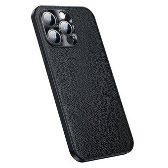 Rundleer + TPU telefoonhoes voor iPhone 14 Pro anti-val beschermhoes Litchi textuur schokbestendige hoes met metalen cameraframe