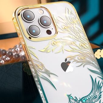 KINGXBAR Phoenix -serie voor iPhone 14 Pro Strass Decor Clear Back Cover Laser Carving Galvaniseren Hard PC Shockproof Phone Case