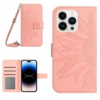 Bedrukte Zonnebloem Telefoon Case voor iPhone 14 Pro, HT04 Stand Wallet Skin-touch PU Lederen Binnenkant TPU Cover met Schouderriem