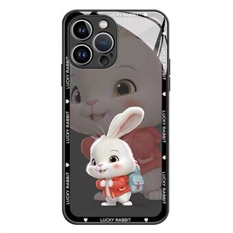 Anti-val gehard glas + TPU telefoonhoes voor iPhone 14 Pro, jas rugzak konijn patroon schokbestendige mobiele telefoon achterkant