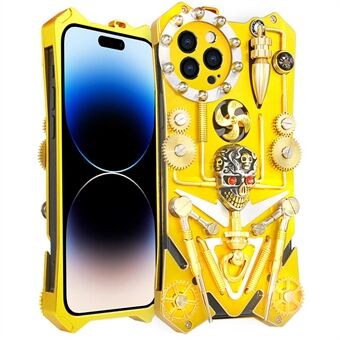 Armor Metal Phone Cover voor iPhone 14 Pro , Mechanical Gear Handgemaakte Skull Dropproof Phone Case - Goud