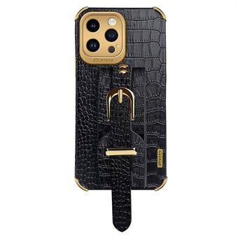 Voor iPhone 14 Pro Krokodil Textuur 6D Galvaniseren Polsband Case PU Leer + TPU Anti-drop Telefoon Cover