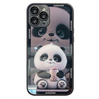Patroonbedrukking Cover voor iPhone 14 Pro Milk Tea Panda gehard glas + TPU-telefoonhoes met lensfilm